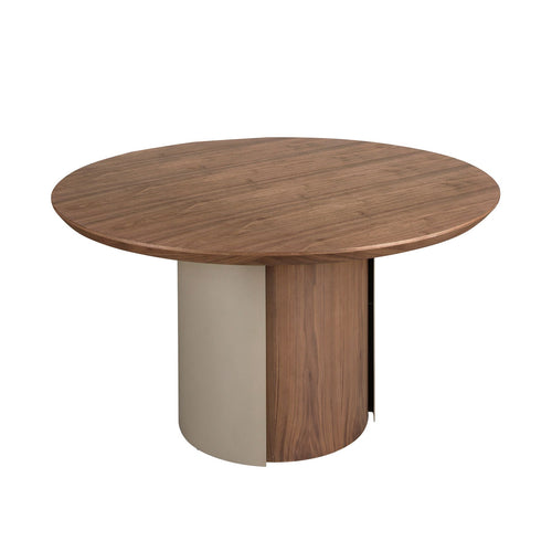 Round dining table in walnut and metallic sand steel
