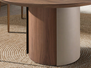 Round dining table in walnut and metallic sand steel
