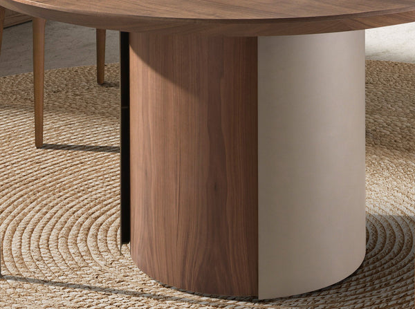 Round dining table in walnut and metallic sand steel