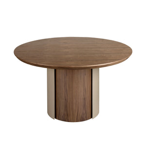 Round dining table in walnut and metallic sand steel