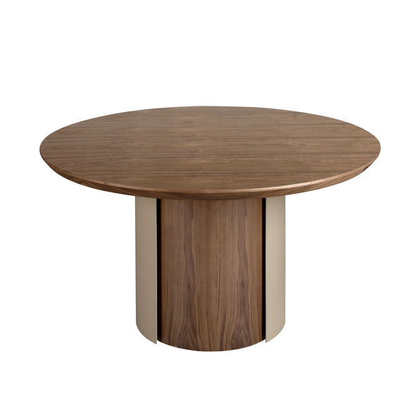 Round dining table in walnut and metallic sand steel