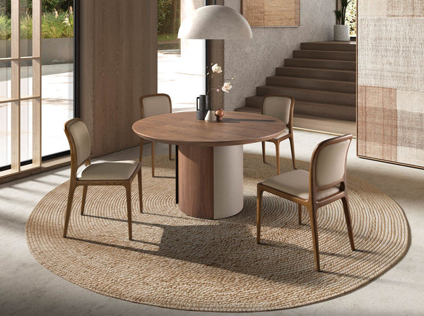 Round dining table in walnut and metallic sand steel