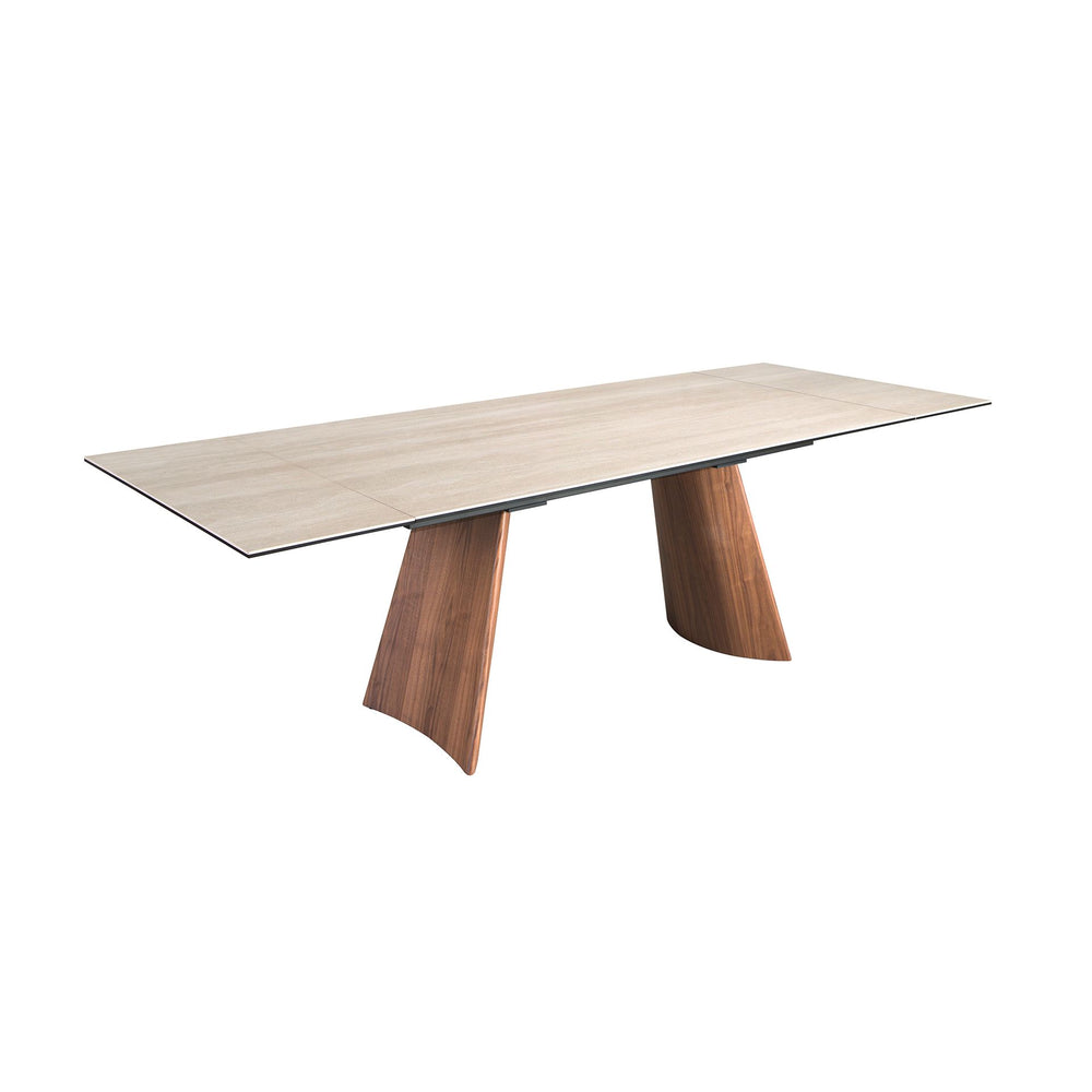 Extendable rectangular dining table in porcelain marble and walnut-effect steel