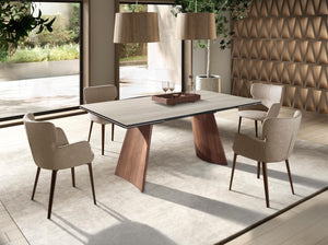 Extendable rectangular dining table in porcelain marble and walnut-effect steel