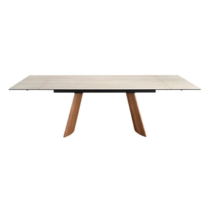 Extendable rectangular dining table in porcelain marble and walnut-effect steel