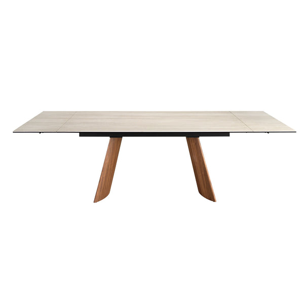 Extendable rectangular dining table in porcelain marble and walnut-effect steel