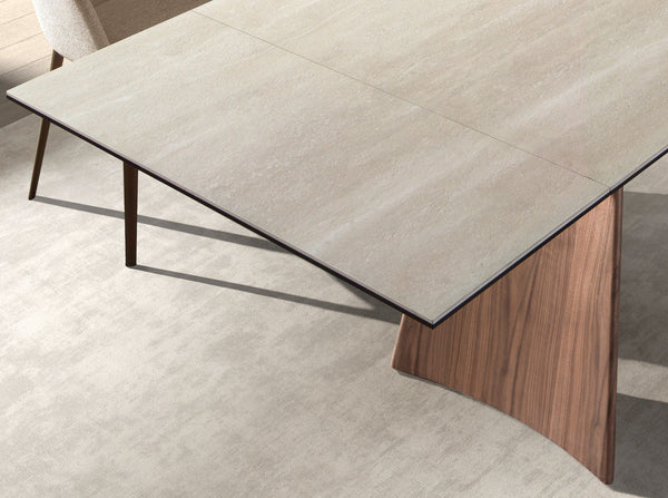 Extendable rectangular dining table in porcelain marble and walnut-effect steel