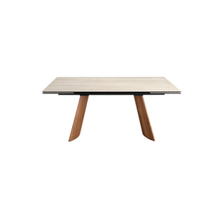 Extendable rectangular dining table in porcelain marble and walnut-effect steel