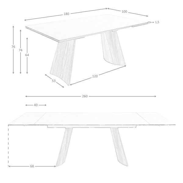 Extendable rectangular dining table in porcelain marble and walnut-effect steel