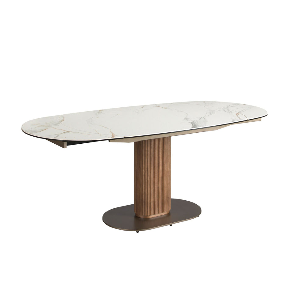 Oval extendable dining table with porcelain marble and walnut barrel