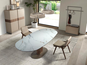 Oval extendable dining table with porcelain marble and walnut barrel