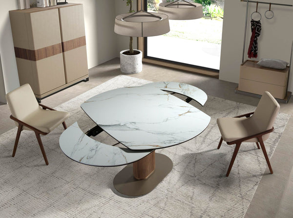 Oval extendable dining table with porcelain marble and walnut barrel