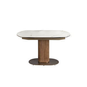 Oval extendable dining table with porcelain marble and walnut barrel