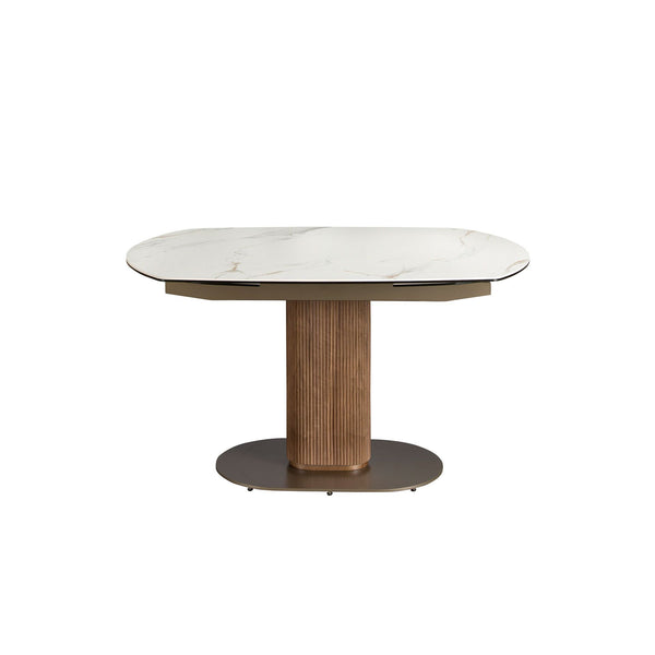 Oval extendable dining table with porcelain marble and walnut barrel