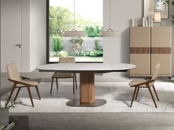Oval extendable dining table with porcelain marble and walnut barrel