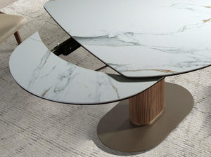 Oval extendable dining table with porcelain marble and walnut barrel