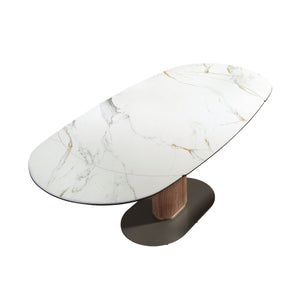 Oval extendable dining table with porcelain marble and walnut barrel