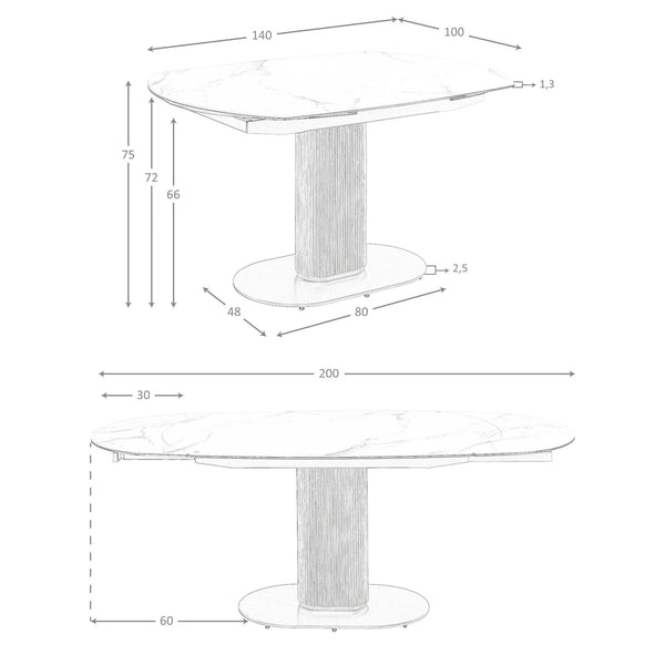 Oval extendable dining table with porcelain marble and walnut barrel