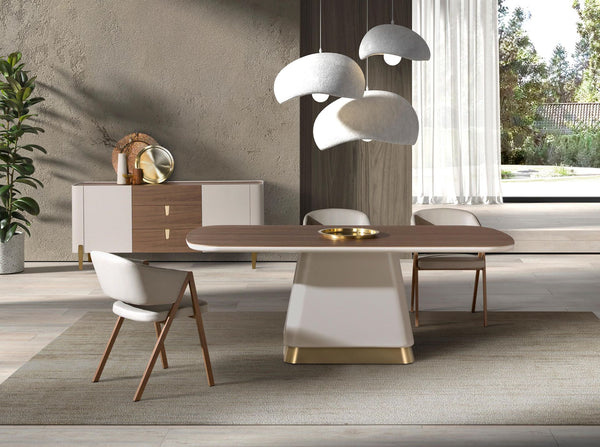 Rectangular dining table in walnut and beige wood