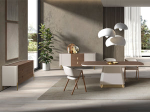 Rectangular dining table in walnut and beige wood