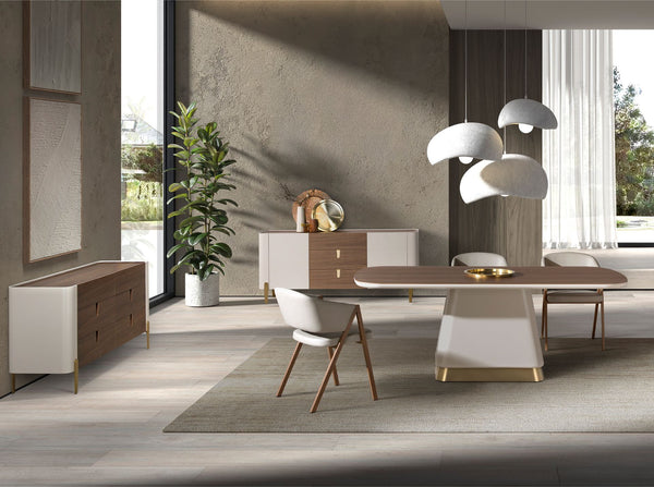 Rectangular dining table in walnut and beige wood