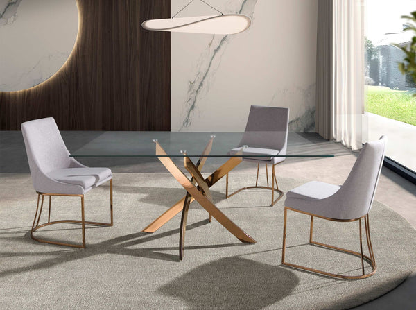 Rectangular dining table in tempered glass and pink steel