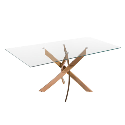 Rectangular dining table in tempered glass and pink steel