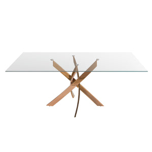 Rectangular dining table in tempered glass and pink steel