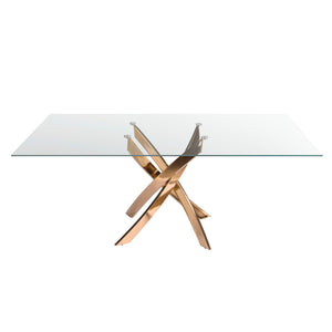 Rectangular dining table in tempered glass and pink steel
