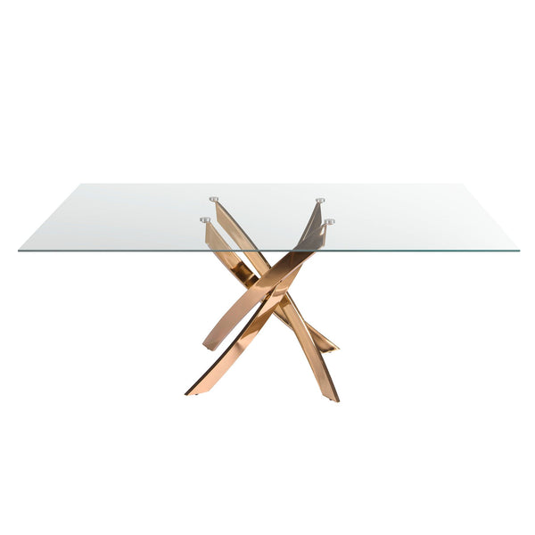 Rectangular dining table in tempered glass and pink steel