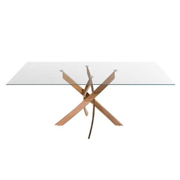 Rectangular dining table in tempered glass and pink steel