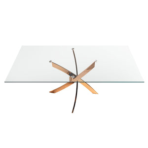 Rectangular dining table in tempered glass and pink steel