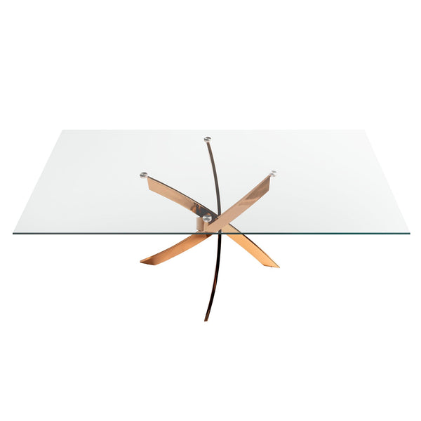 Rectangular dining table in tempered glass and pink steel