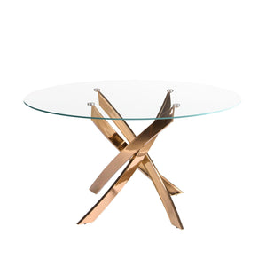 Round dining table in tempered glass and pink steel