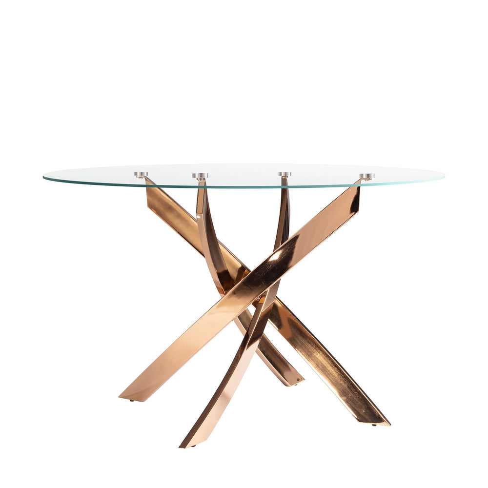 Round dining table in tempered glass and pink steel D110