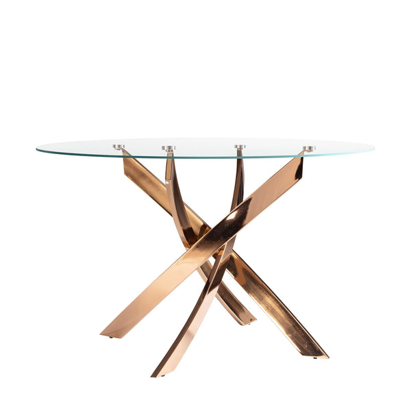 Round dining table in tempered glass and pink steel