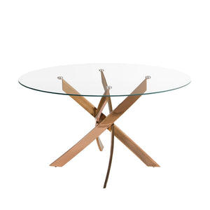 Round dining table in tempered glass and pink steel
