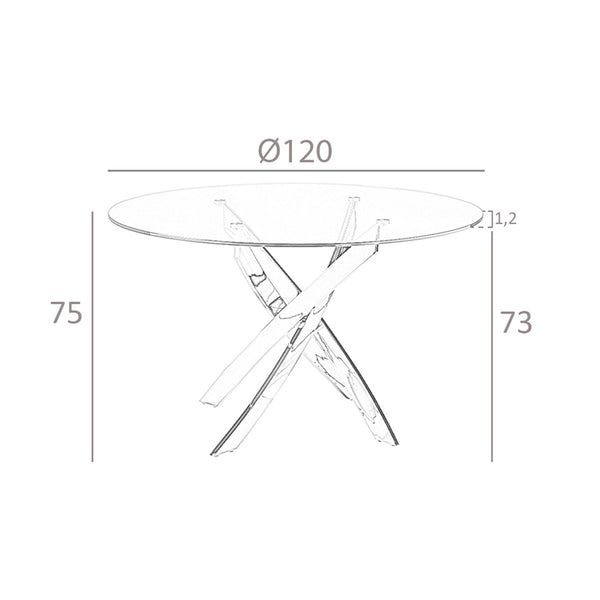 Round dining table in tempered glass and pink steel