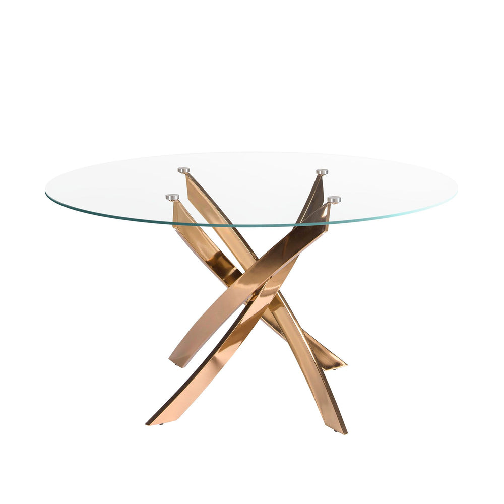 Round dining table in tempered glass and pink steel
