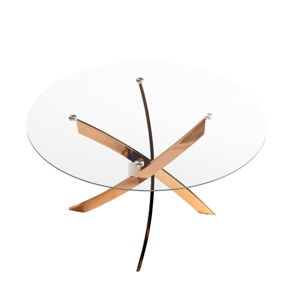 Round dining table in tempered glass and pink steel