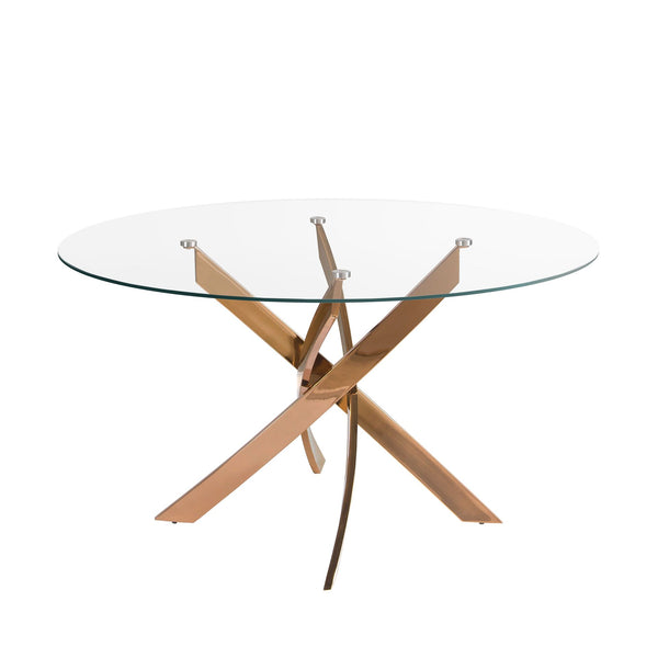 Round dining table in tempered glass and pink steel
