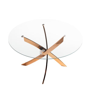 Round dining table in tempered glass and pink steel