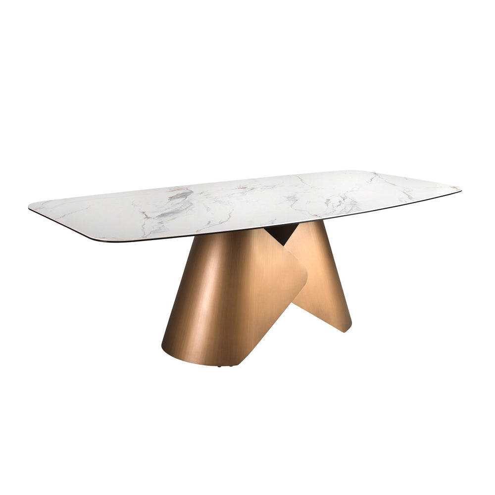 Oval dining table with porcelain marble barrel and bronze-colored steel barrel