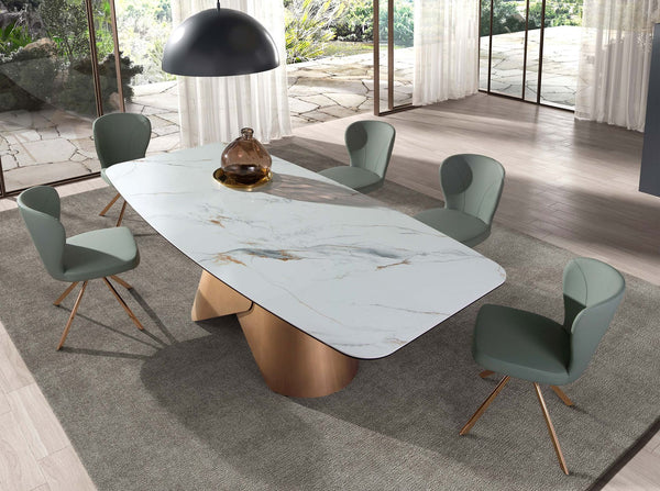 Oval dining table with porcelain marble barrel and bronze-colored steel barrel