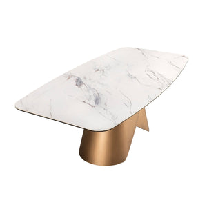 Oval dining table with porcelain marble barrel and bronze-colored steel barrel