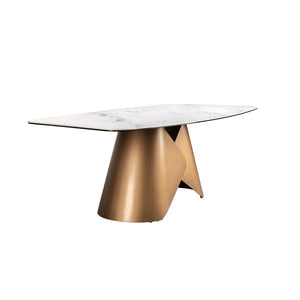 Oval dining table with porcelain marble barrel and bronze-colored steel barrel