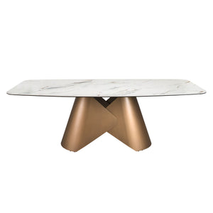 Oval dining table with porcelain marble barrel and bronze-colored steel barrel