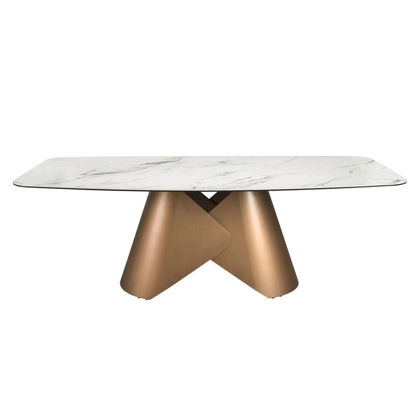 Oval dining table with porcelain marble barrel and bronze-colored steel barrel