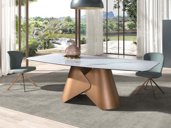 Oval dining table with porcelain marble barrel and bronze-colored steel barrel