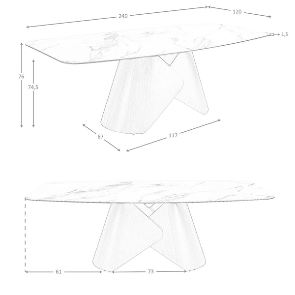 Oval dining table with porcelain marble barrel and bronze-colored steel barrel